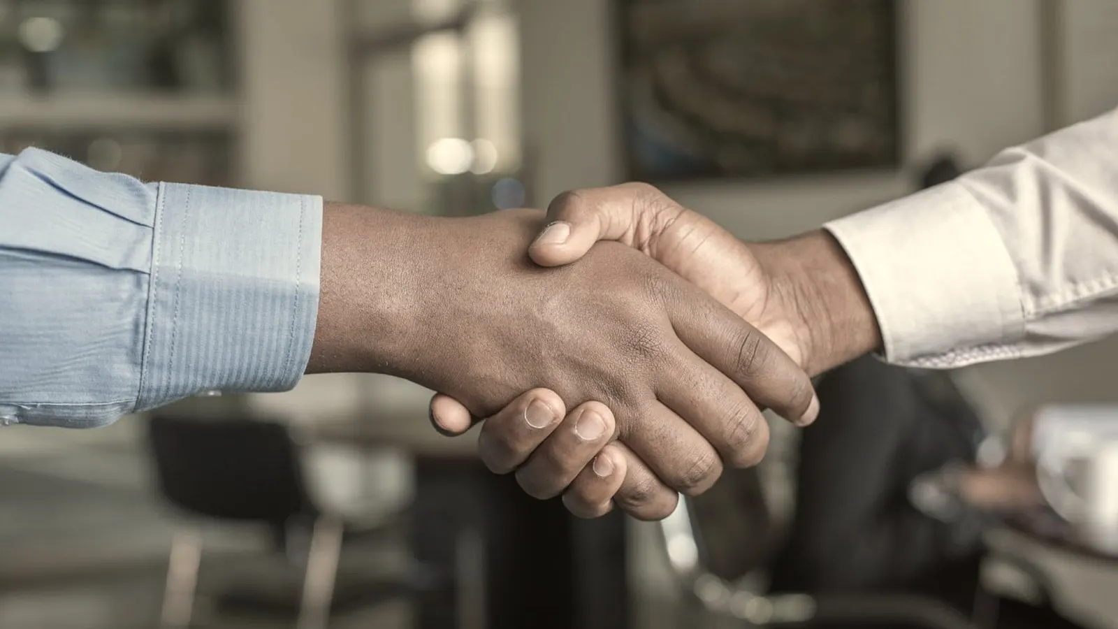 Two professionals shaking hands on an acquisition