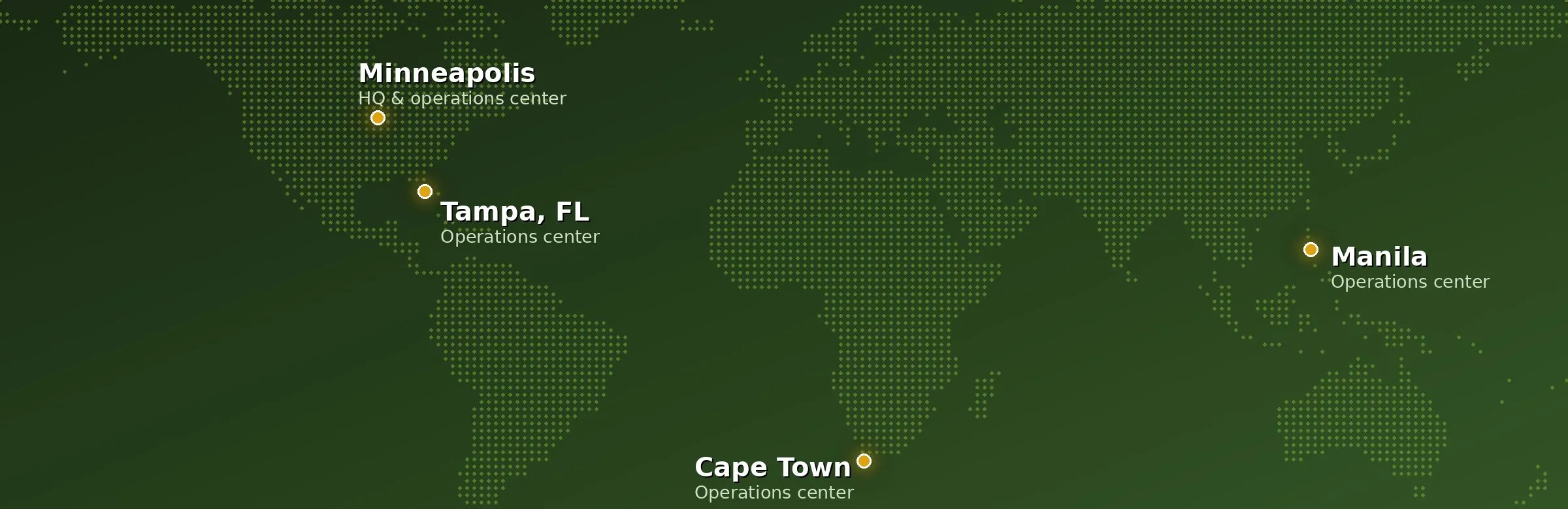 Map of Tech Guru operations centers in Minneapolis, Tampa, Cape Town, and Manila